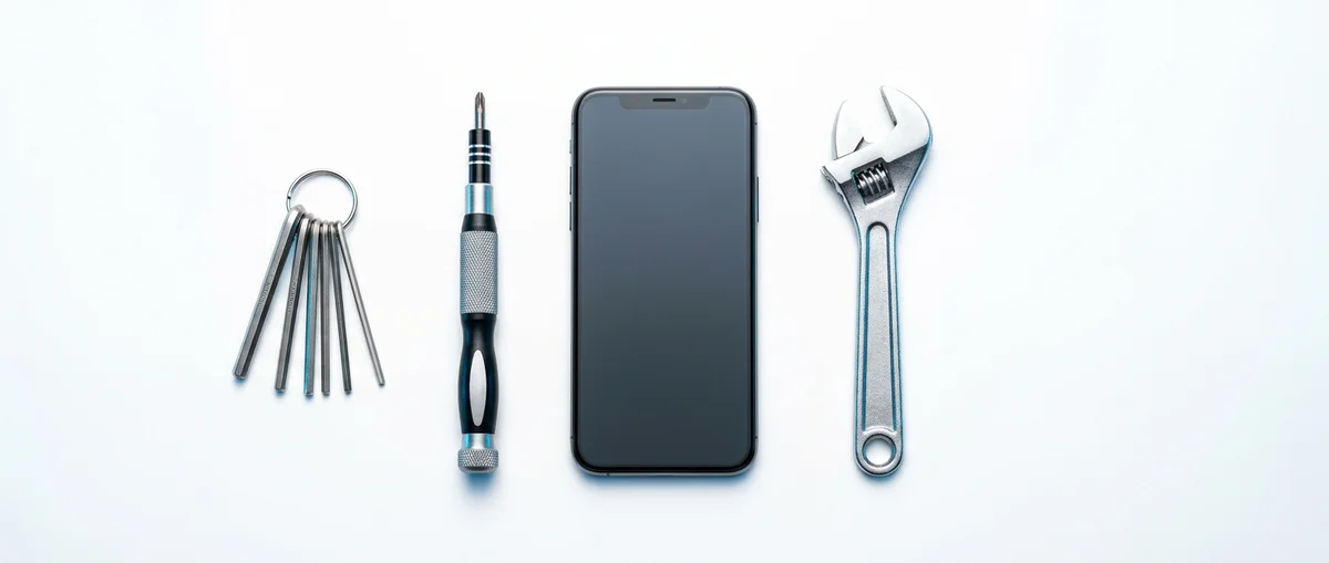 Smartfon obok narzędzi serwisowych — śrubokręta, klucza nastawnego i kompletu kluczy imbusowych — na jasnym tle.