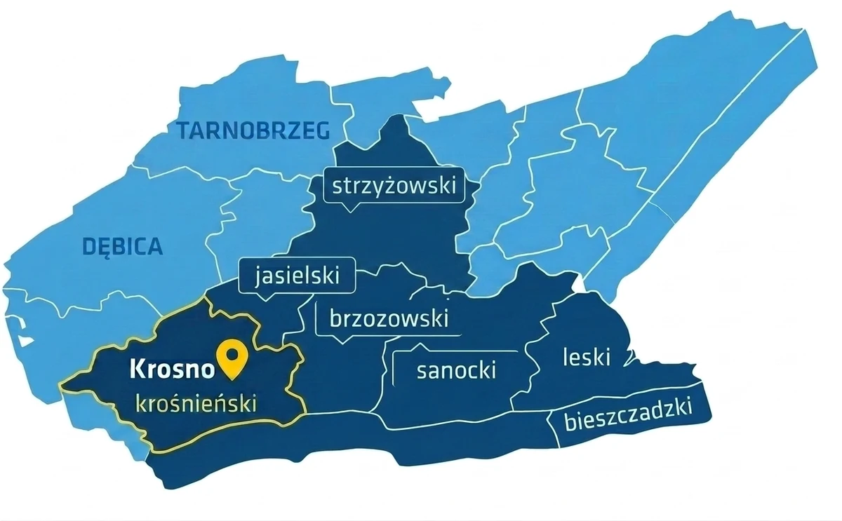Mapa obszaru działania serwisu Vito AGD — powiaty krośnieński, jasielski, brzozowski, sanocki, leski i bieszczadzki.